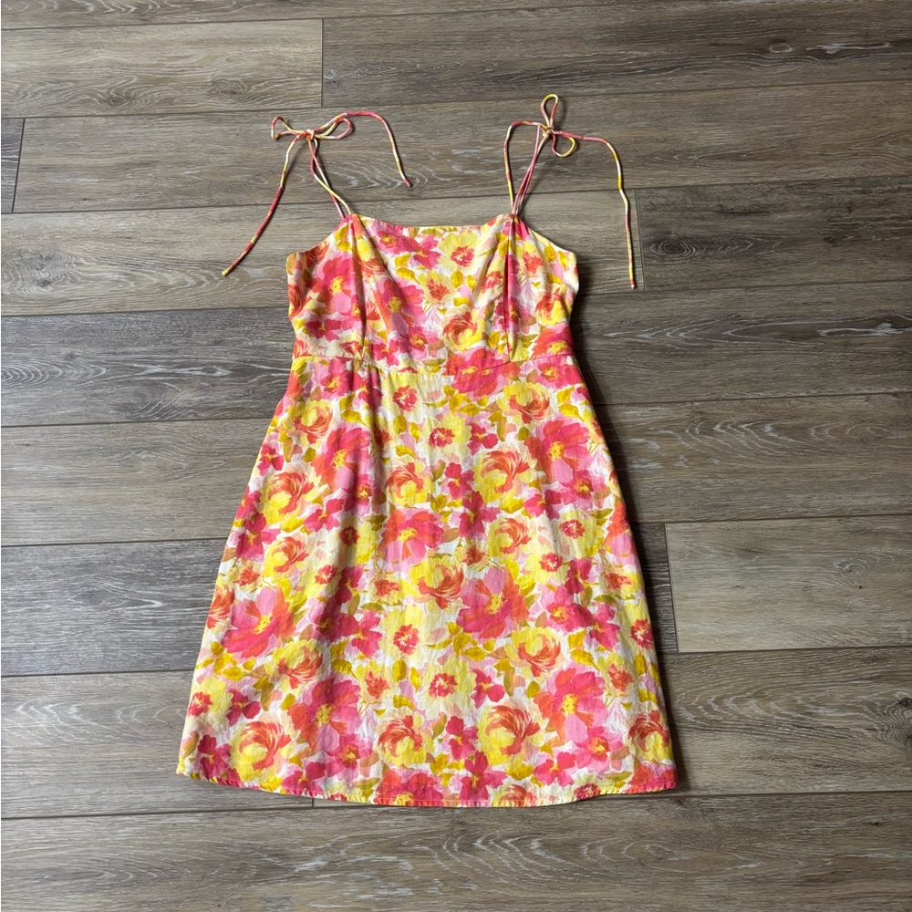 Old Navy Mini Cami Dress Sz M Fit & Flare Tie Linen Blend Beach Tropical Cruise